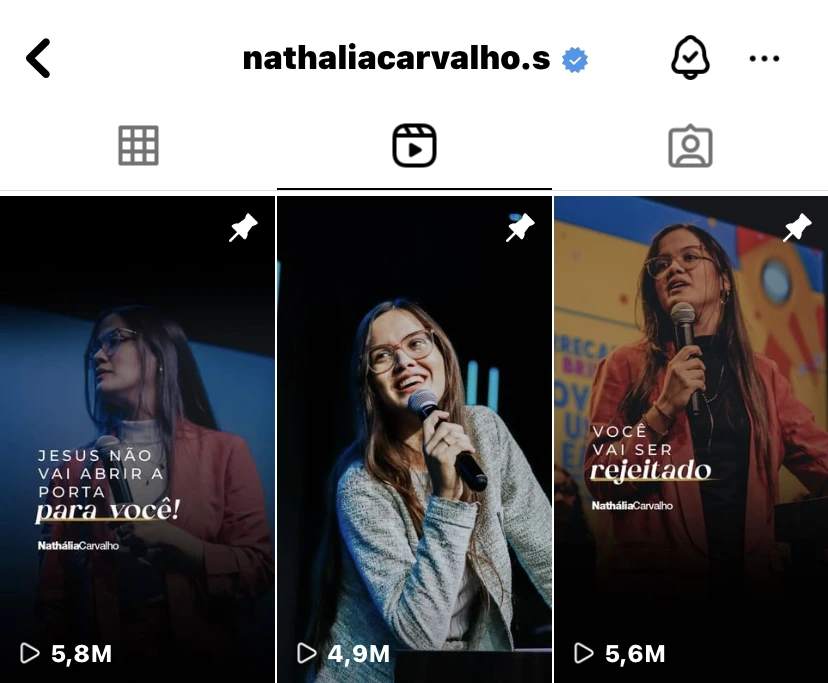Perfil do Instagram @nathaliacarvalho.s mostrando reels fixados com 5,8M, 4,9M e 5,6M de visualizações